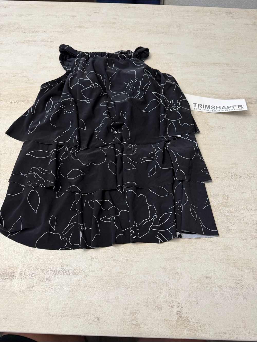 Trimshaper Black Floral Tiered Swim top. Size 8